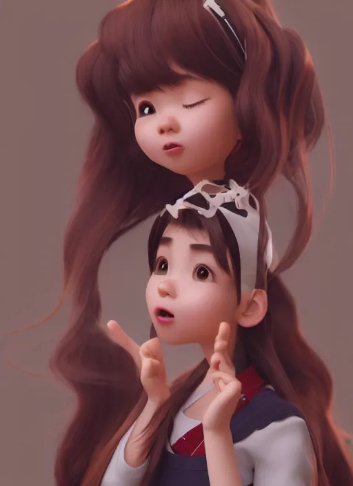 Prompt: a cute asian girl singing, flowing brown hair in the style of pixar animation, mid-shot, award winning, hyper detailed, studio lighting, artstation, octane renderer, unreal engine