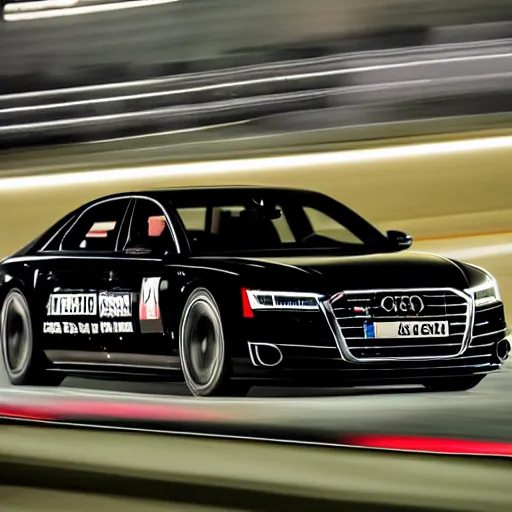 Prompt: black 2020 audi a8 racing at night in bucharest