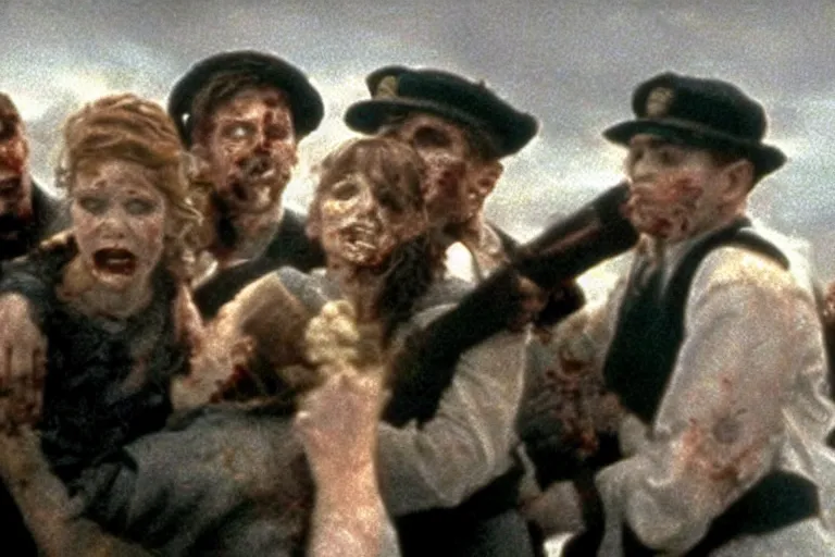 Prompt: still film of a zombie attack in titanic movie