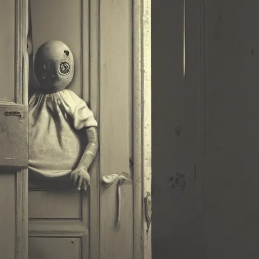 Prompt: photo of a creepy figure peering round your door when your in bed