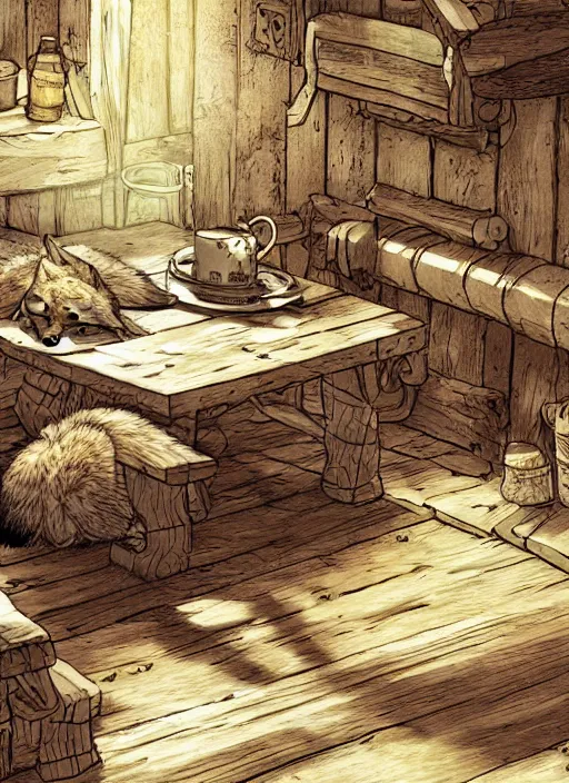 Image similar to cute coyote sleeping on a bench in a cozy tavern, hidari, color page, tankoban, 4K, tone mapping, Akihiko Yoshida.