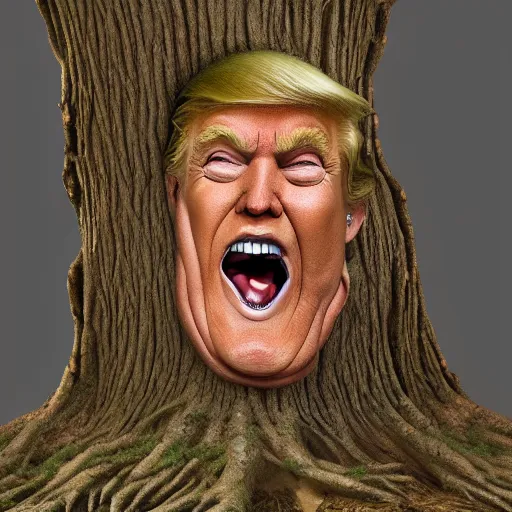 Image similar to donald trump is fused into a tree stump, hyperdetailed, artstation, cgsociety, 8 k