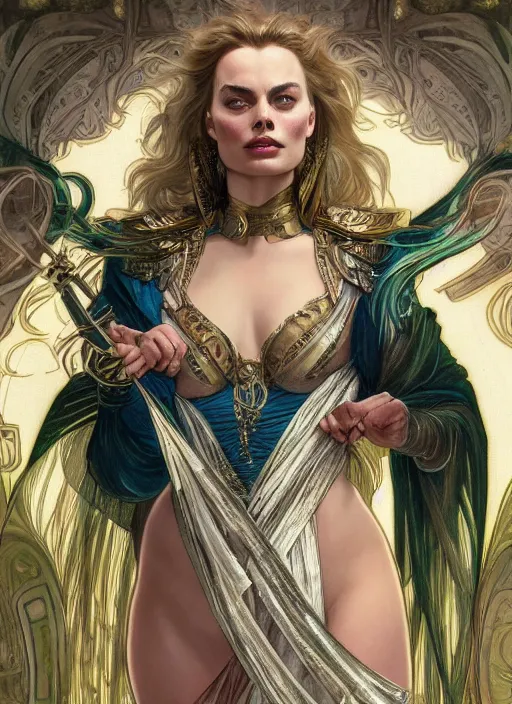 Image similar to Margot Robbie as God of Mischief, brutal, epic, intricate, elegant, highly detailed, digital painting, 4k, HDR, concept art, smooth, sharp focus, illustration, art by alphonse mucha,artgerm, H R Giger