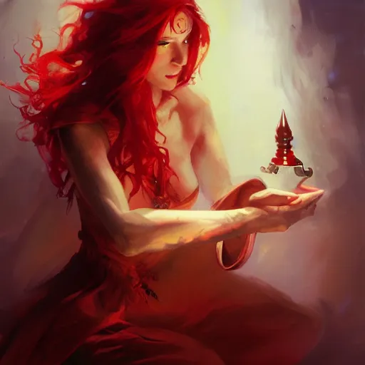 Prompt: a beautiful artwork of a scarlet sorceress performing magic, by raymond swanland and jesper ejsing, featured on art station, lighting study, concept art, beautiful composition, rim light