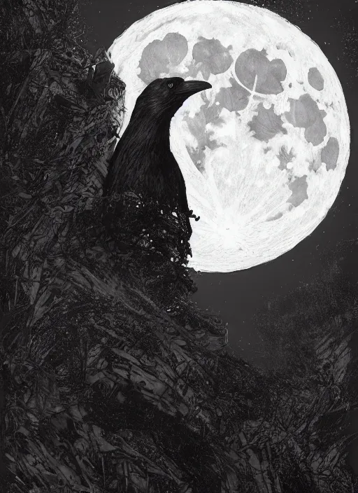 Image similar to portrait, A crow in front of the full big moon, book cover, red white and black colors, establishing shot, extremly high detail, foto realistic, cinematic lighting, pen and ink, intricate line drawings, by Yoshitaka Amano, Ruan Jia, Kentaro Miura, Artgerm, post processed, concept art, artstation, matte painting, style by eddie mendoza, raphael lacoste, alex ross