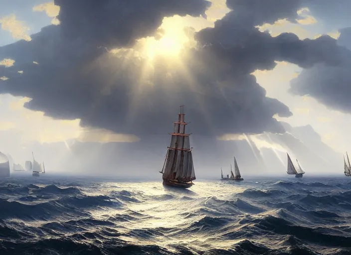 Prompt: an seascape painted by, mc escher, gordon onslow ford, georgia o'keeffe and ivan aivazovsky, cinematic light, god rays, unreal engine, zbrush central,