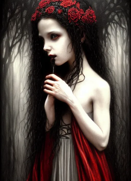 Prompt: highly detailed oil painting | very intricate | cinematic lighting | black, white and blood color scheme, dark background | portrait of a exquisite beautiful vampire little girl with long elegant tangles of black hair, eyes, gothic fog ambience, hyper realistic head, fantasy victorian art, in the style of greg rutkowski, zdizslaw beksinski, intricate, alphonse mucha