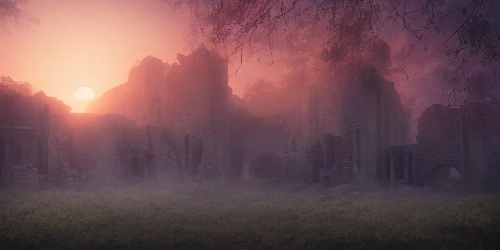 Prompt: mystical ruins, volumetric lighting, sunrise, vivid, fog, digital art