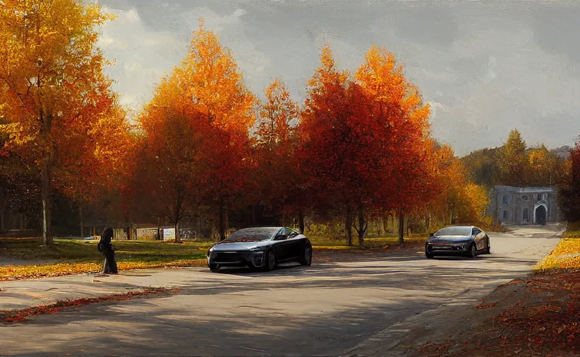 Image similar to new tesla model s on an autumn street by peder mørk mønsted