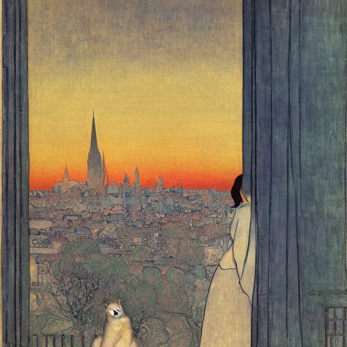 Image similar to portrait of sad woman in kimono and persian cat with city with gothic cathedral seen from a window frame with curtains. cloudy sunset. mikalojus konstantinas ciurlionis, henri de toulouse - lautrec, paul delvaux, utamaro, matisse, monet