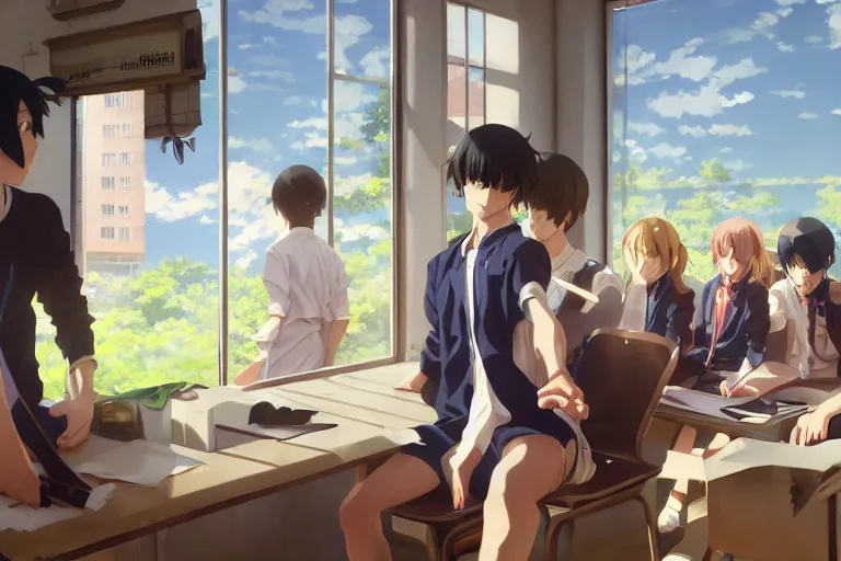 Prompt: boy's love anime high school classroom scene spring setting, expert high detail concept art, perfect proportions fine - face, realistic shaded lighting poster ilya kuvshinov, katsuhiro, jeremy lipkin and michael germash, makoto shinkai, wlop, loish and clamp style, 8 k resolution clean details trending on art station, best selling artist