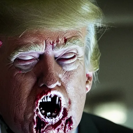 Image similar to donald trump as zombie in the walking dead. movie still. cinematic lighting