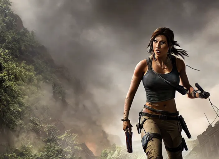 Image similar to film still of!!!! chloe bennett!!! as lara croft in new tomb raider movie, 8 k