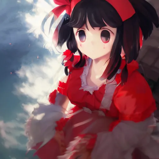 Prompt: artwork portrait of reimu hakurei from touhou project, sparkling eyes reimu hakurei touhou artwork by greg rutkowski makoto shinkai sakimichan key art 4 k 8 k ultrahd trending award winning