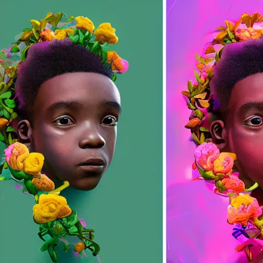 Image similar to colourful vfx art - portrait of focussed nigerian boy wrapped in flowers & vines, art by hsiao - ron cheng & james jean, volumetric light, ray tracing, sharp, detailed, digital painting, illustration, highly detailed, intricate detail, unreal engine, octane render, pinterest, behance, art station,