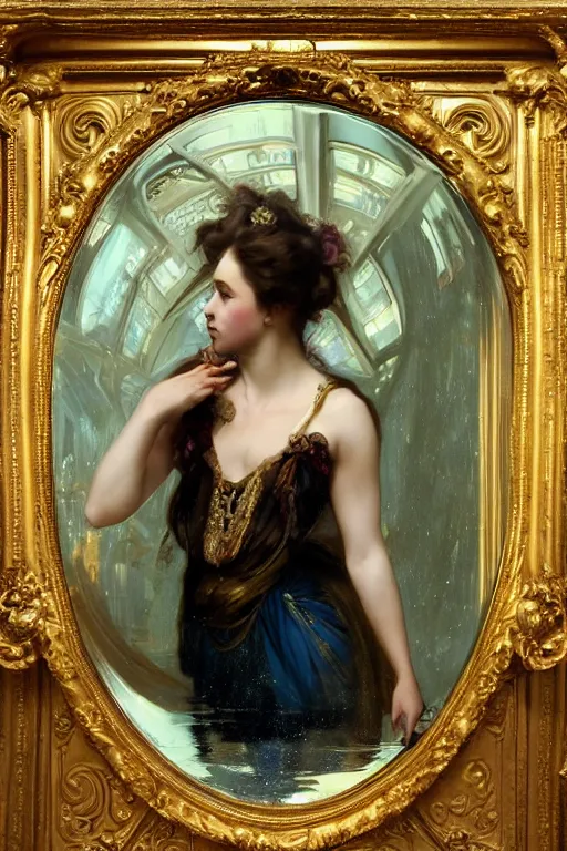 Image similar to an intricate artistic pose painting of a beautiful young victorian lady looking through a baroque mirror with an artistic pose wearing a beautiful velvet dress, hyper detailed, octane render, vivid colors, artstation, by jeremy mann, alphonse mucha, by boris vallejo