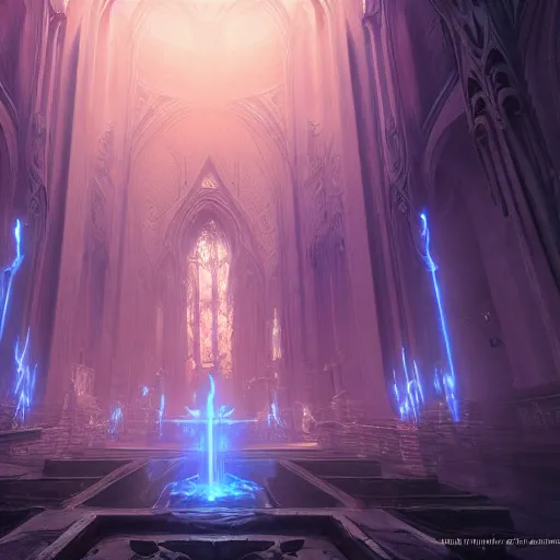 Image similar to a huge dark eldritch cathedral filled with blue ray traced light by WLOP and tony sart and bekinski, god rays, fantasy art, 4k, HDR, photorealistic, 8k, trending on artstation