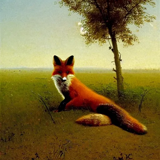 Prompt: a happy fox sitting in a wheat field, looking at the viewer, oil - on - canvas painting by carl spitzweg