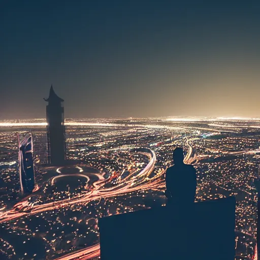 Prompt: arab man overlooking Riyadh city at night silhouette dramatic, dark, superhero