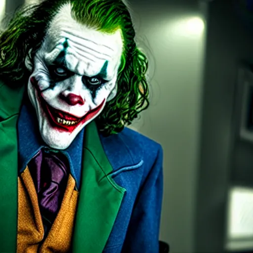 Prompt: film still of Willam Dafoe as joker in the new Joker movie
