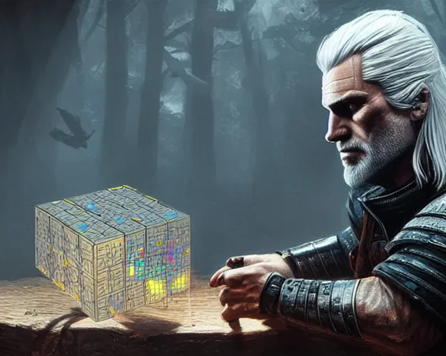 Image similar to 5 5 mm portrait photo of geralt trying to solve a rubix cube. magical atmosphere. art by greg rutkowski. highly detailed 8 k. intricate. lifelike. soft light. nikon d 8 5 0.