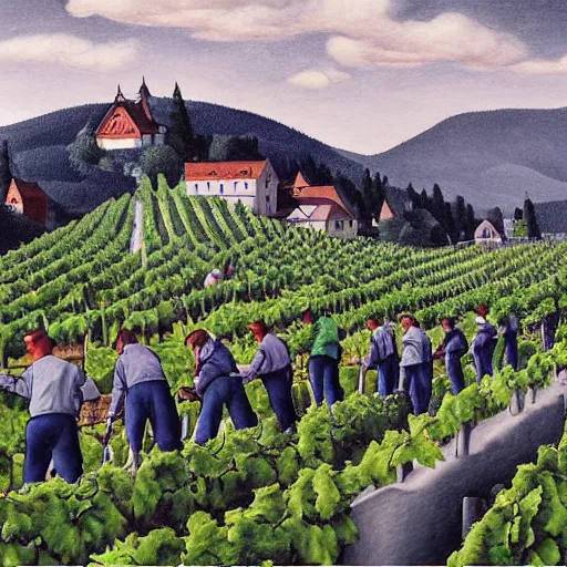 Image similar to Hyperrealism traditional austrian vineyard with workers, painting by MC Escher