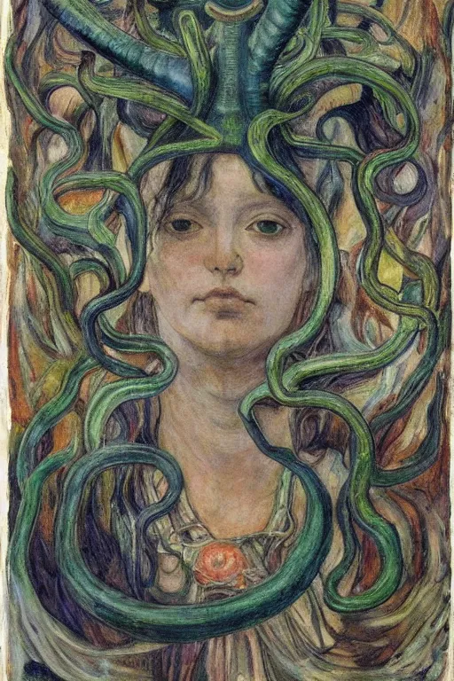 Image similar to the tentacle crown,by Annie Swynnerton and Diego Rivera, symbolist, dramatic lighting, elaborate geometric ornament, Art Brut, bioluminescent, soft blues and greens,smooth, sharp focus, extremely detailed, Adolf Wölfli