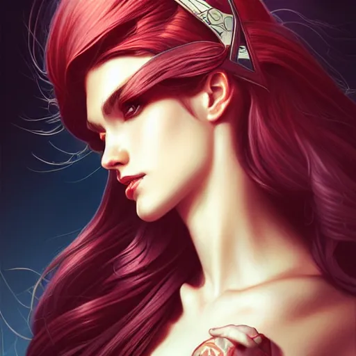 Prompt: head and shoulders portrait of Katarina from League of Legends illustration, medium shot, intricate, elegant, highly detailed, digital art, ffffound, art by JC Leyendecker and sachin teng