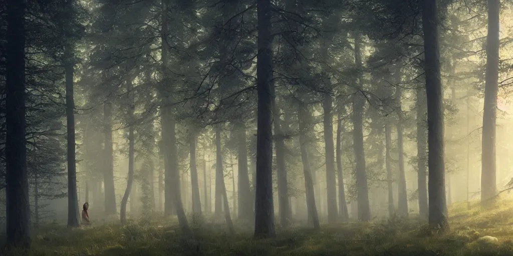 Image similar to swedish forest, photoreal, dawn, hazy, fog, golden hour, sunlight, beautiful!!!!!!!!!, greg rutkowski, cinematic, atmospheric