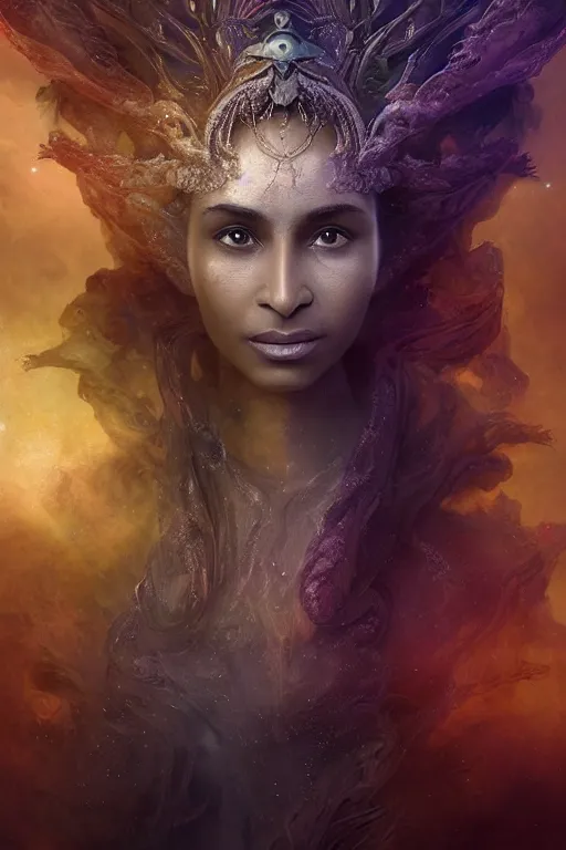 Prompt: mysterious detailed cgi matte painting of a ciara the space empress of the andromeda, by ellen jewett, alessio albi | symmetrical features, photorealism, stunning, ornate, royally decorated, organic, growth, whirling gasses, glowing particles, refractive adornments, colorful torn nebulas, radiant vibrant colors