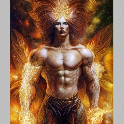 Image similar to full muscular body male made of gemsl with golden feathers ,thunder, shining light, nebulas, god rays by Karol Bak, Ayami Kojima, Amano