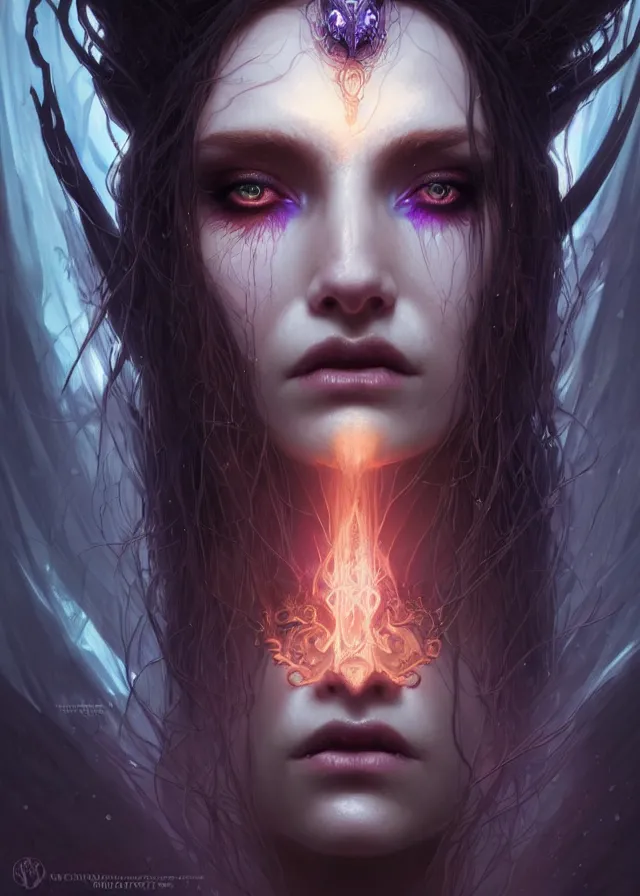 Image similar to Necromancer Sorceress face close-up macro in center, fantasy magic, undercut hairstyle, dark light night, intricate, elegant, sharp focus, illustration, highly detailed, digital painting, concept art, matte, art by WLOP and Artgerm and Greg Rutkowski and Alphonse Mucha, masterpiece