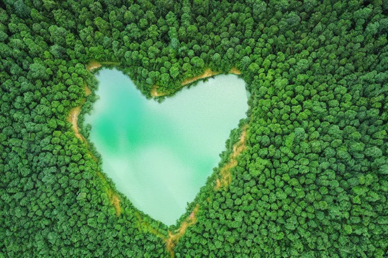 Image similar to a gigantic lake with a detailed heart shape in the middle of a green forest, aerial photography by yann arthus bertrand