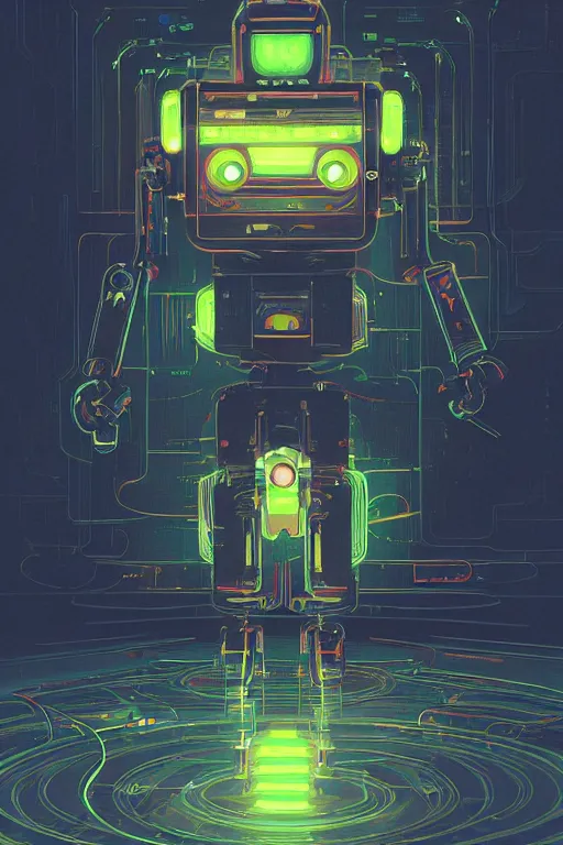 Image similar to techno magic robot surrounded by techy glowing glitch magic, intersting composition, casette futurism, d & d, sketchy lines and brushstrokes, no blur, 4 k resolution, ultra detailed, style of greg rutkowski, zac retz, kawase hasui, beeple, eddie mendoza, alphonse mucha,