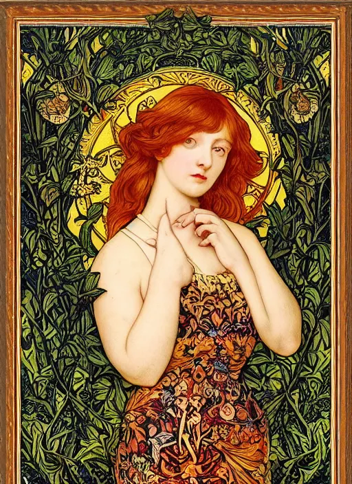 Image similar to masterpiece beautiful seductive flowing curves pose preraphaelite portrait photography, extreme closeup shot, straight bangs, thick set features, yellow ochre ornate medieval dress, amongst foliage mushroom forest arch, william morris and kilian eng and mucha, framed, 4 k