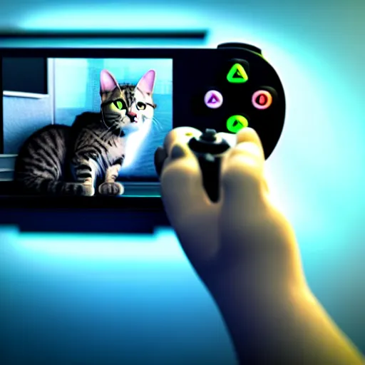 Prompt: a cat playing video games on a controller, photo, octane render, realistic, hyper realistic