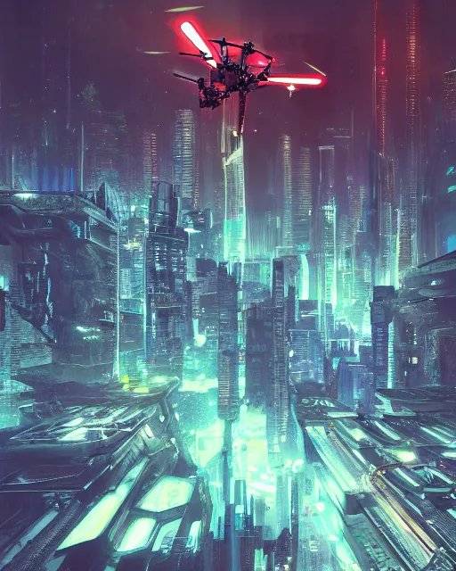 Image similar to cyberpunk drone above a city, scifi, futuristic, neon light, highly detailed, concept art, sharp focus, trending on artstation, intricate, atmosphere, raining, art by roman makarenko, dzung phung dinh