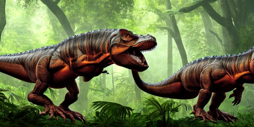 Image similar to photo realism, small tyrannosaurus rex, big human, background jungle, 4 k