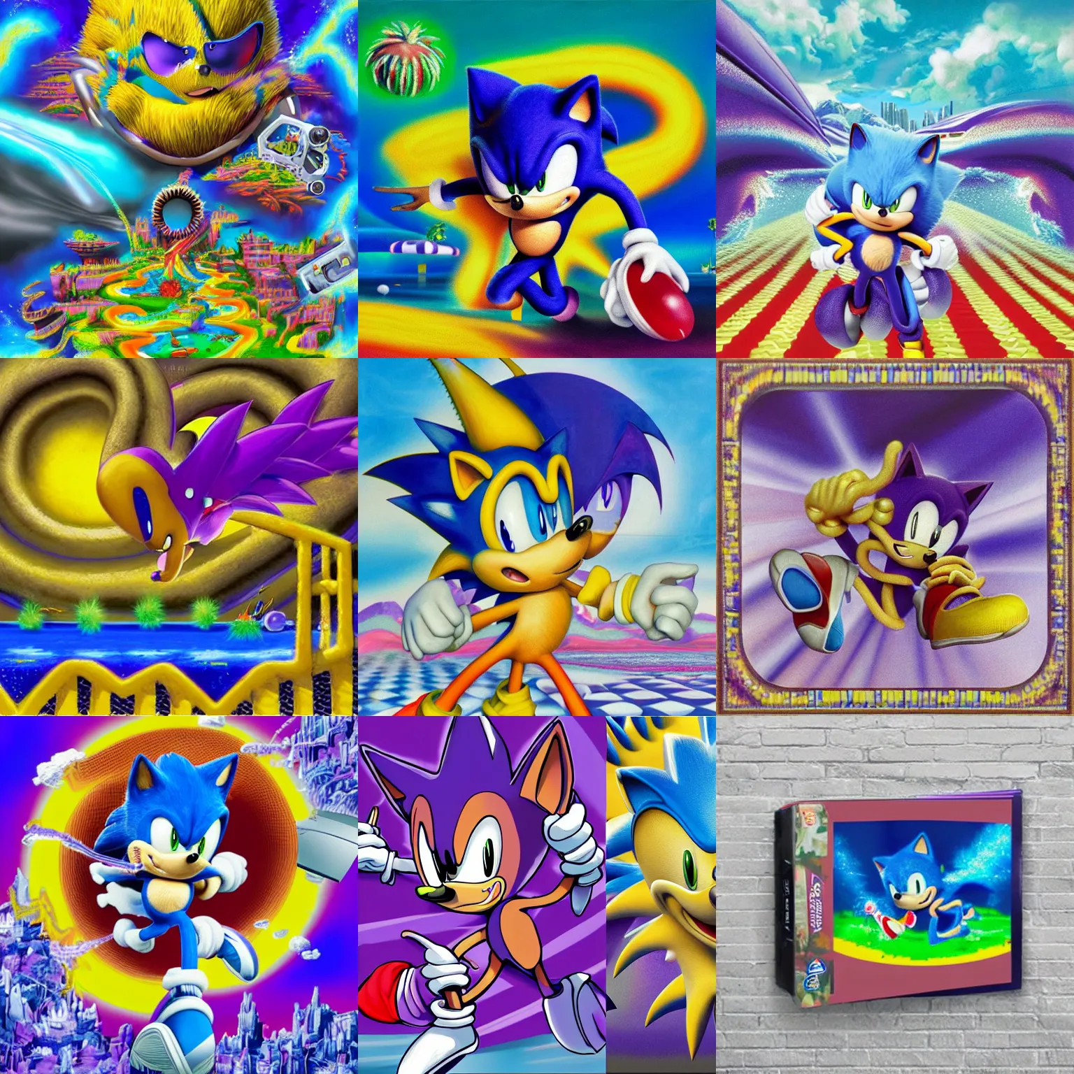 Prompt: portrait of sonic hedgehog and a matte painting landscape of a surreal, sharp, detailed professional, soft pastels, high quality airbrush art album cover of a liquid dissolving airbrush art lsd dmt sonic the hedgehog swimming through cyberspace, purple checkerboard background, 1 9 9 0 s 1 9 9 2 sega genesis rareware video game album cover