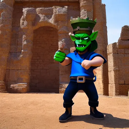 Prompt: a clash royale goblin with blonde long hair visiting Valle dei Templi, Agrigento, Italy