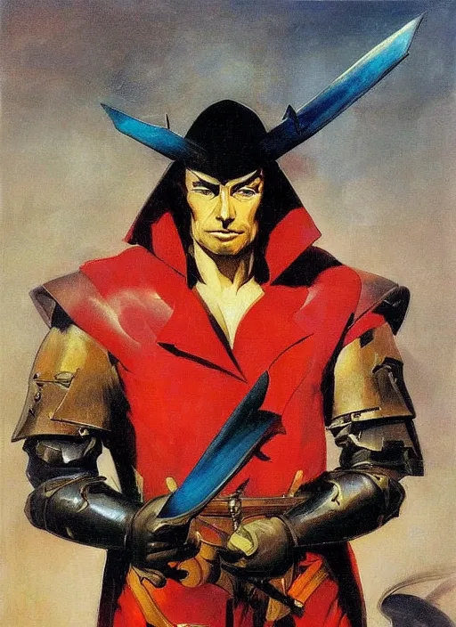 Prompt: portrait of confident noble duelist, handsome! coherent! by mariusz lewandowski, by frank frazetta, vibrant color, strong line, minimalism, high contrast