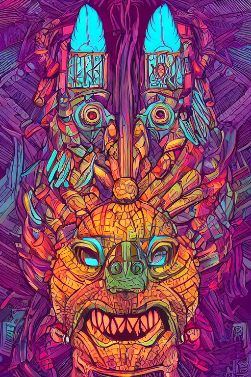 Image similar to totem animal tribal chaman vodoo mask feather gemstone plant video game illustration vivid color borderlands by josan gonzales and dan mumford radiating a glowing aura