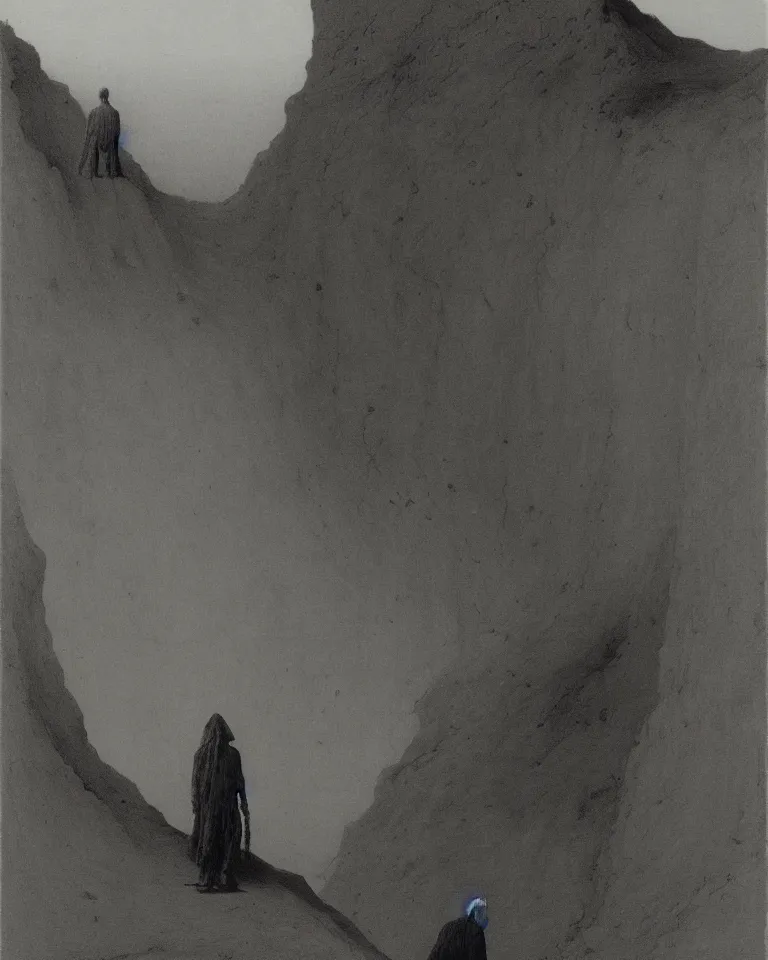 Image similar to Man in front of the cliff of death by Zdzisław Beksiński