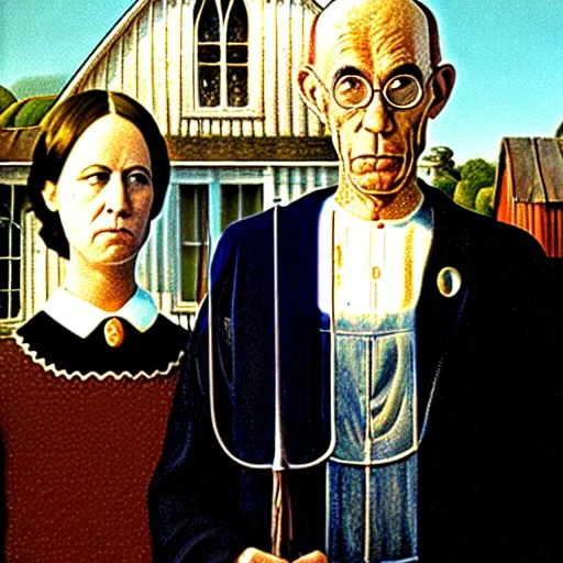 Image similar to a witch and a wizard in the style of american gothic