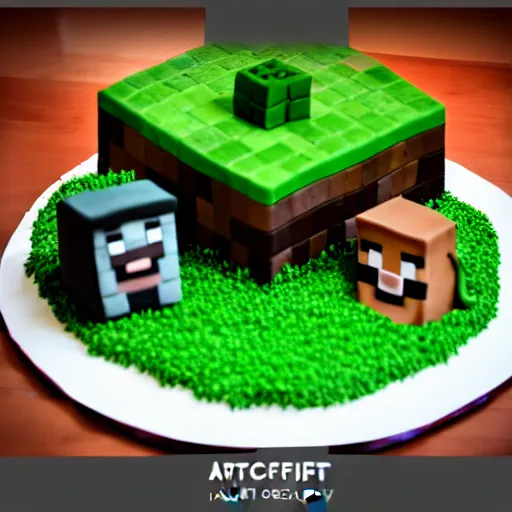 Prompt: Minecraft cake, professional food photography, trending on artstation