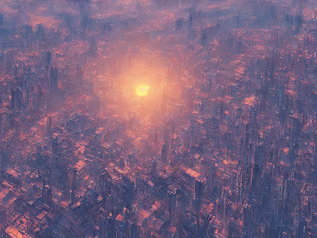 Image similar to birdseye view of a sunrise over a city, art by yoshitaka amano and alena aenami, cityscape