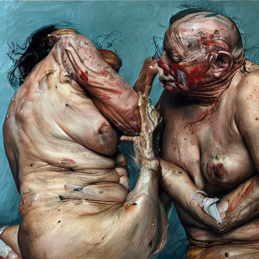 Prompt: high quality high detail painting by lucian freud and jenny saville, hd, horror, unsettling, turquoise