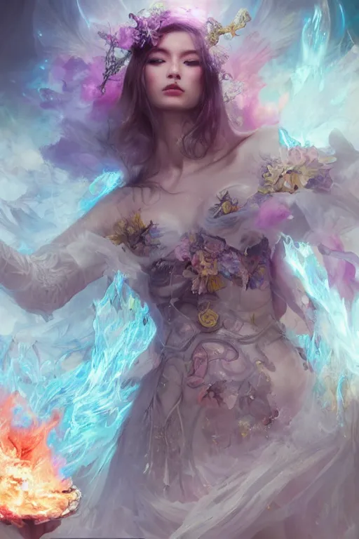 Image similar to face closeup of beautiful woman necromancer, magical fairy exploding into flowers and ice, angels, 3 d render, hyper - realistic detailed portrait, holding fire and electricity rainbow, ruan jia, wlop. scifi, fantasy, magic the gathering, hyper detailed, octane render, concept art, peter mohrbacher