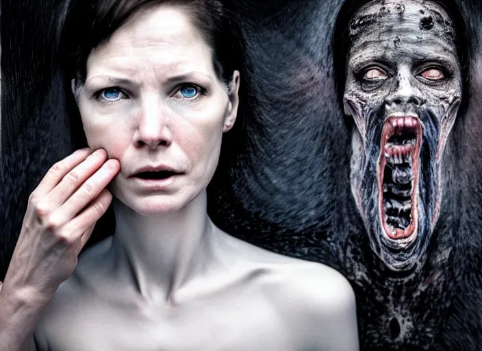 Image similar to mid shot portrait of a woman in dark place, in the style of David cronenberg ,scary, weird, surprising, realistic, sharp focus, 8k high definition, medium format film photography, photo realistic, insanely detailed, intricate, elegant, art by les edwards and David kostic and stanley lau and artgerm