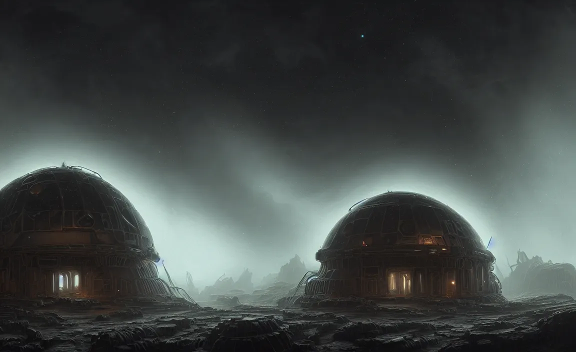 Image similar to epic professional sci - fi digital art of ruined cottagecore domed planetary outpost, eerie atmospheric lighting, painted, detailed, intricate, impressive, foreboding, by leesha hannigan, wayne haag, reyna rochin, iris van herpen, hdr, 8 k, epic, stunning, gorgeous, much wow, cinematic, masterpiece